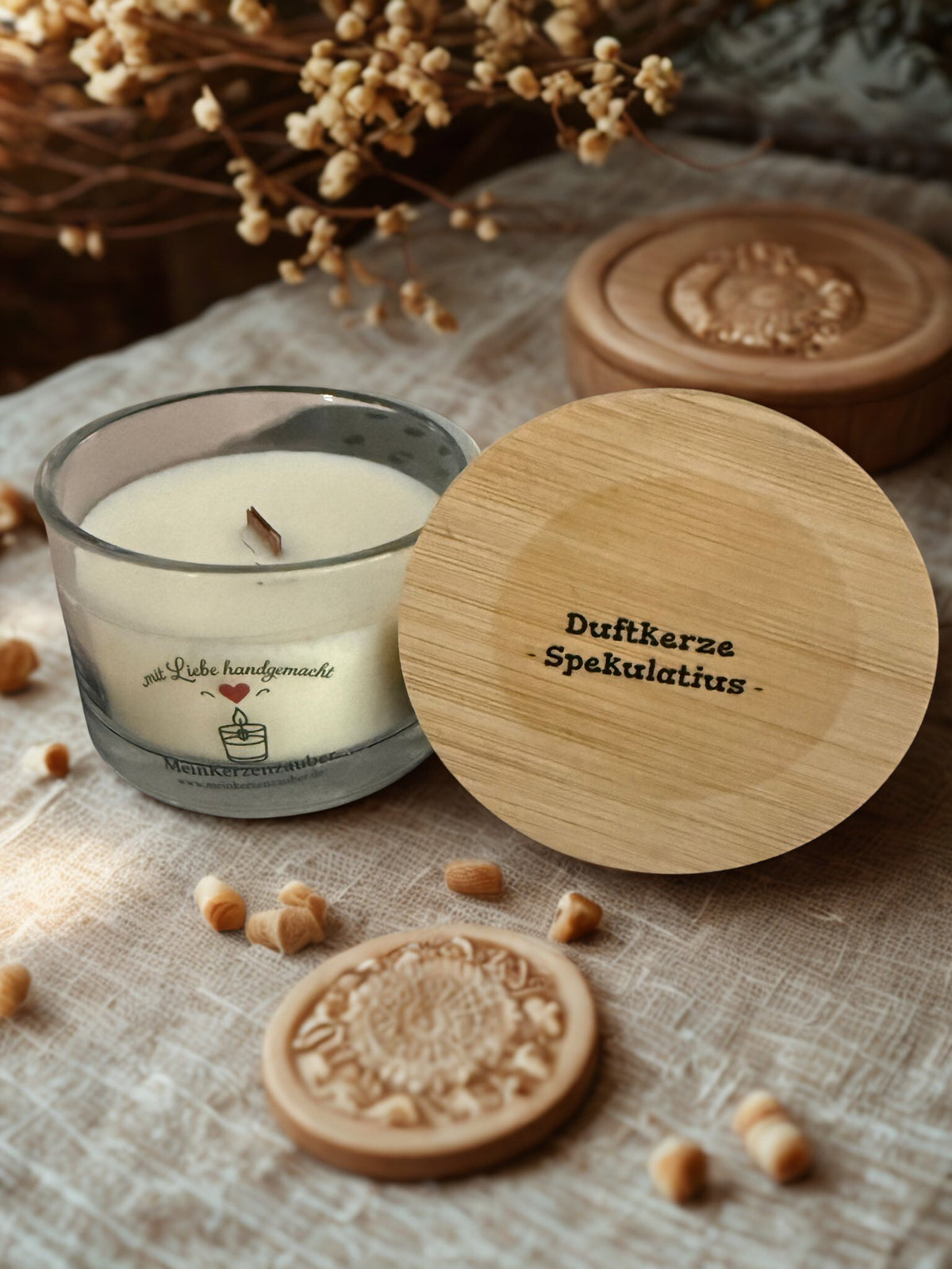 BIO Duftkerze Spekulatius Klein 75g mit knisterndem Holzdocht und Bambusdeckel - 15 Stunden Brenndauer
