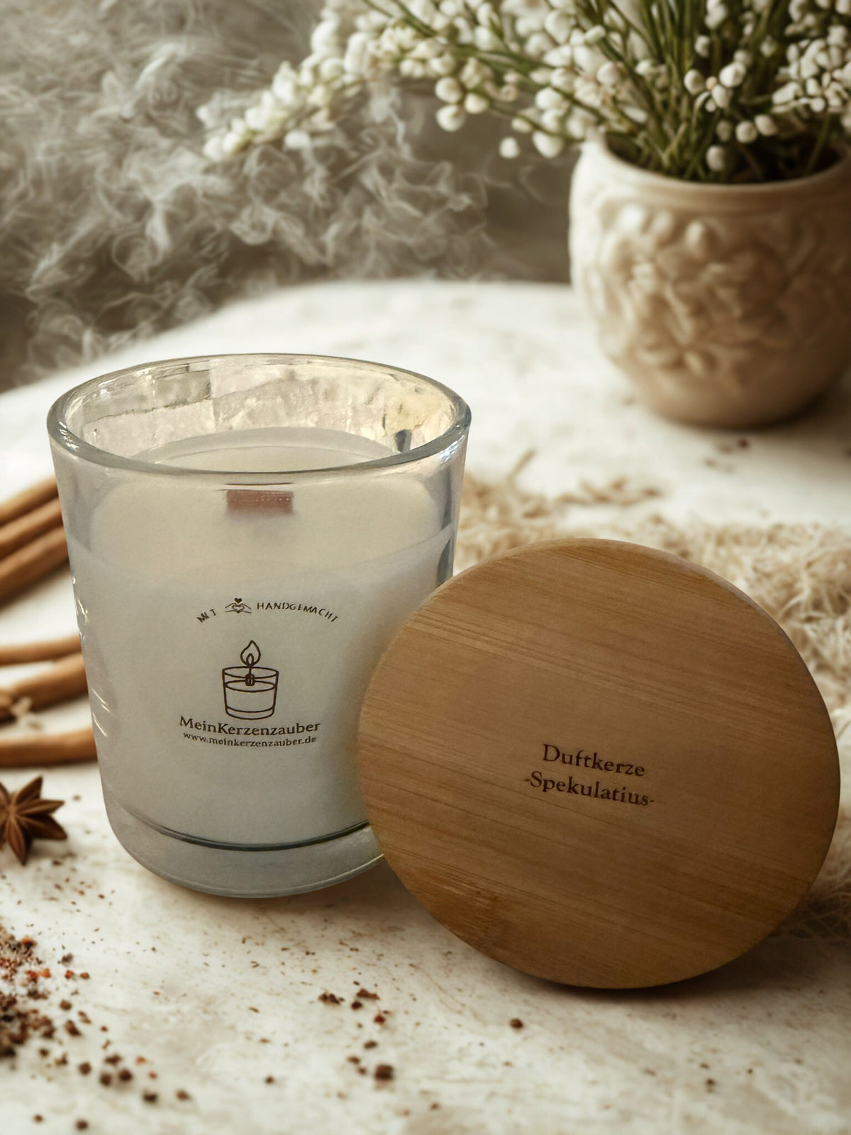 BIO Duftkerze Spekulatius Mittel 190g mit knisterndem Holzdocht und Bambusdeckel - 40 Stunden Brenndauer